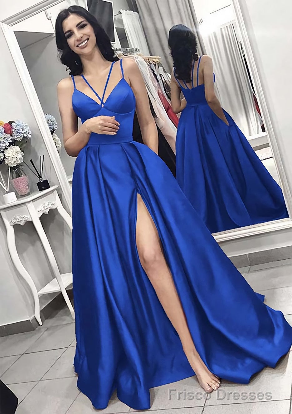 A-line/Princess V Neck Sleeveless Long/Floor-Length Elastic Satin Evening Dresses With Split Pleated