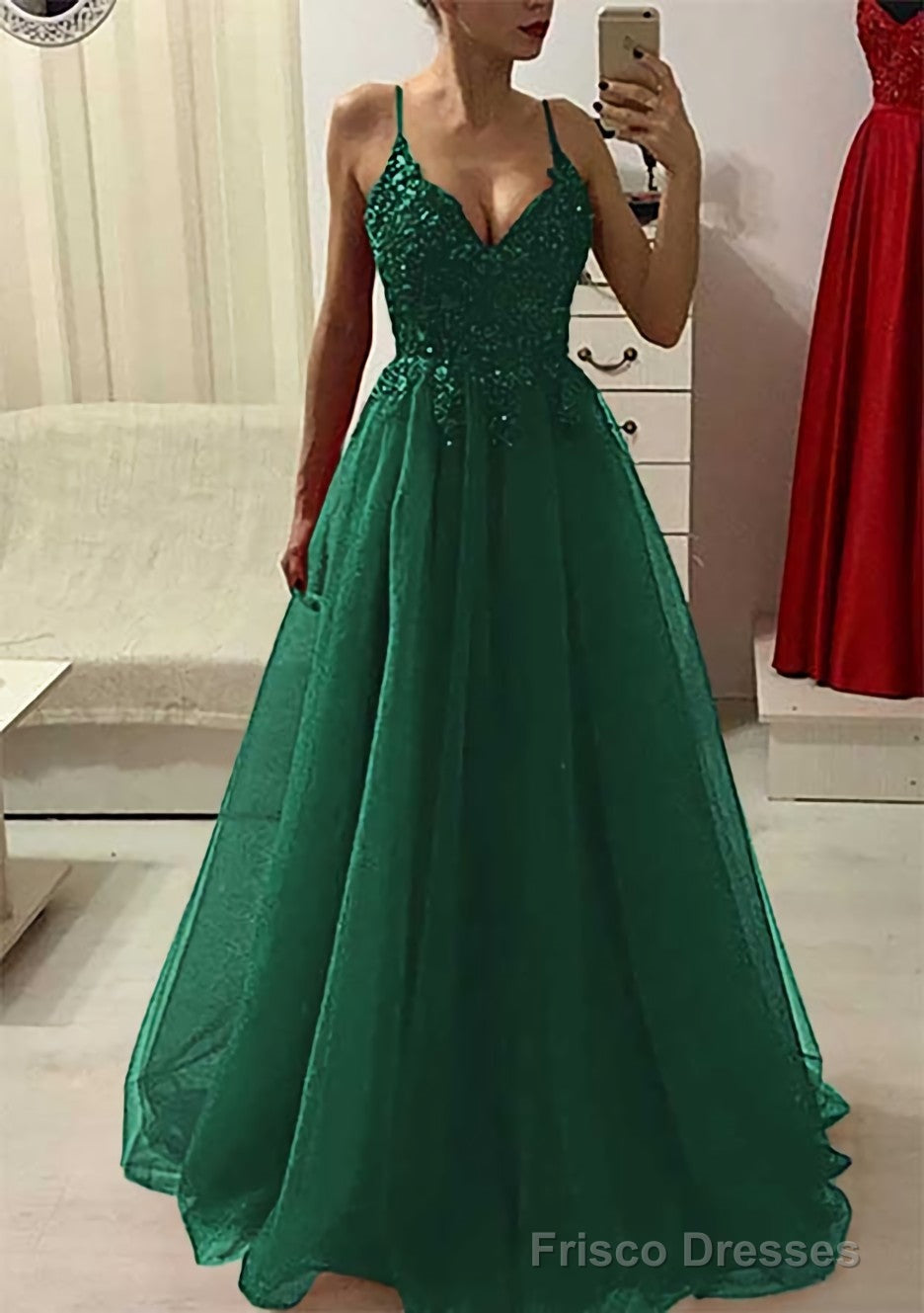 A-line/Princess V Neck Sleeveless Long/Floor-Length Prom Dresses With Appliqued Beading