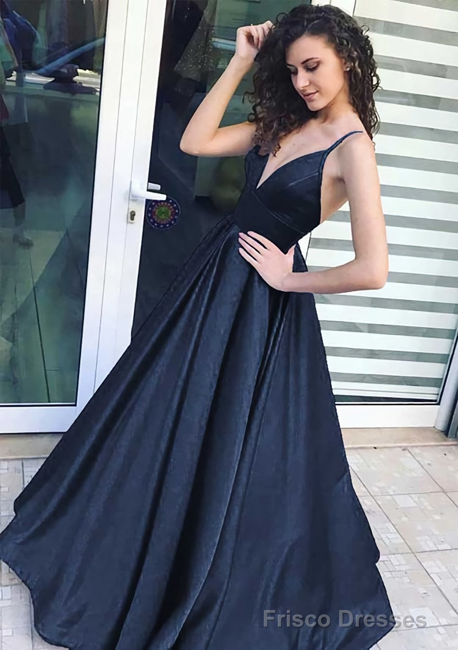 A-line/Princess V Neck Sleeveless Long/Floor-Length Satin Prom Dresses Secondary image