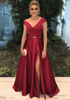 A-line/Princess V Neck Sleeveless Long/Floor-Length Satin Prom Dresses With Split Beading