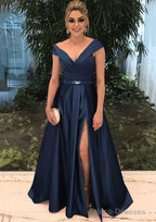 A-line/Princess V Neck Sleeveless Long/Floor-Length Satin Prom Dresses With Split Beading