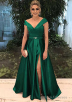 A-line/Princess V Neck Sleeveless Long/Floor-Length Satin Prom Dresses With Split Beading