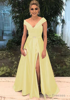 A-line/Princess V Neck Sleeveless Long/Floor-Length Satin Prom Dresses With Split Beading