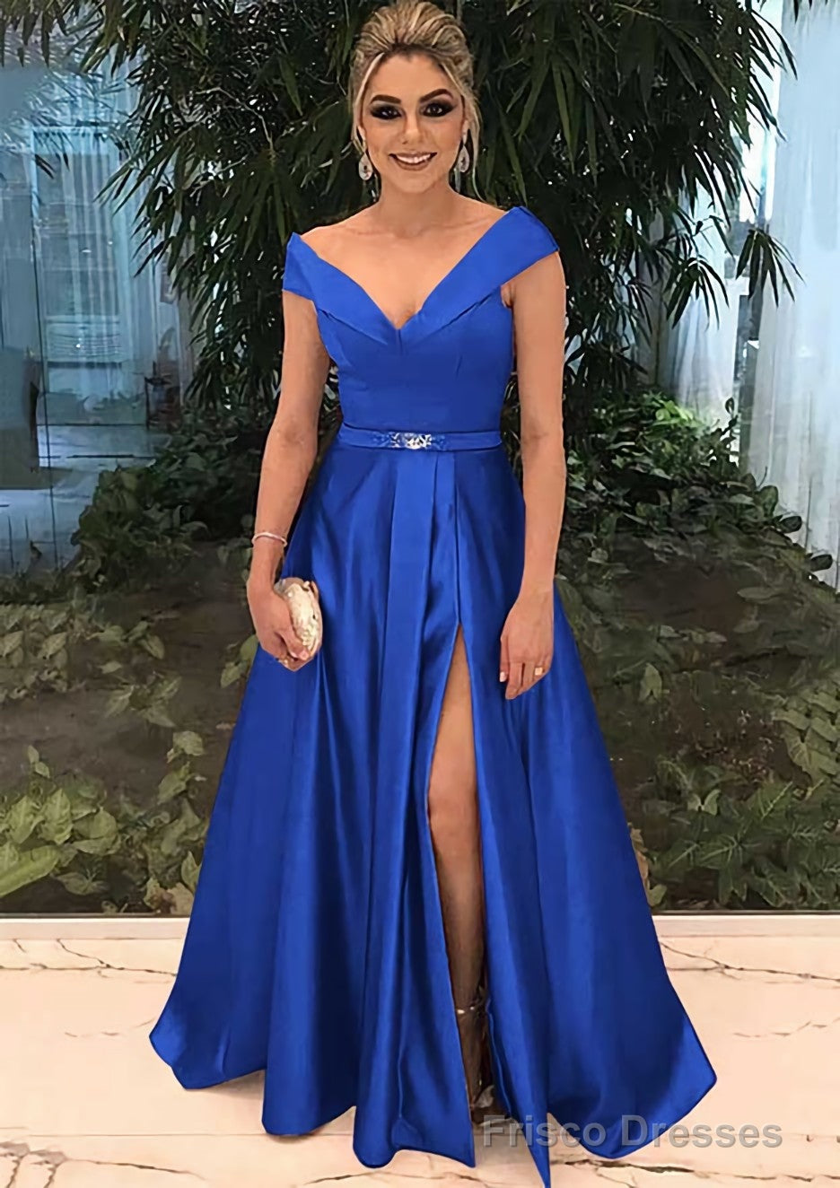 A-line/Princess V Neck Sleeveless Long/Floor-Length Satin Prom Dresses With Split Beading