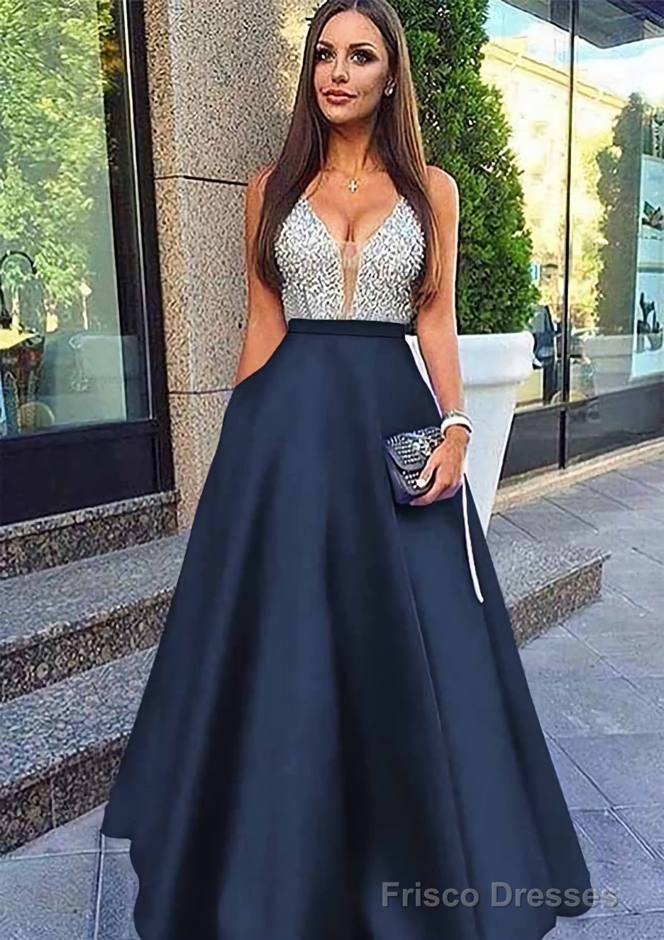 A-line/Princess V Neck Sleeveless Long/Floor-Length Satin Prom Dresses With Sequins Secondary image