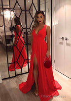 A-line/Princess V Neck Sleeveless Sweep Train Charmeuse Evening Dresses