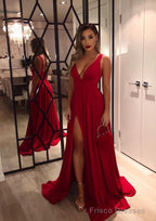 A-line/Princess V Neck Sleeveless Sweep Train Charmeuse Evening Dresses