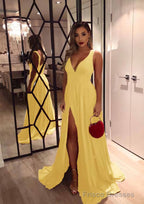 A-line/Princess V Neck Sleeveless Sweep Train Charmeuse Evening Dresses