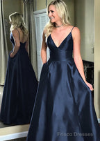 A-line/Princess V Neck Sleeveless Sweep Train Satin Prom Dresses