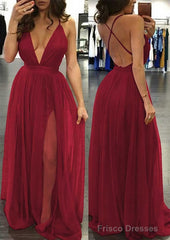 A-line/Princess V Neck Sleeveless Sweep Train Tulle Prom Dresses