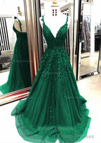 A-line/Princess V Neck Sleeveless Sweep Train Tulle Prom Dresses With Appliqued