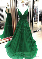 A-line/Princess V Neck Sleeveless Sweep Train Tulle Prom Dresses With Appliqued