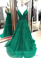 A-line/Princess V Neck Sleeveless Sweep Train Tulle Prom Dresses With Appliqued