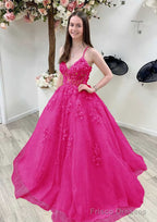 A-line Princess V Neck Sleeveless Sweep Train Tulle Prom Dresses With Appliqued Beading Lace