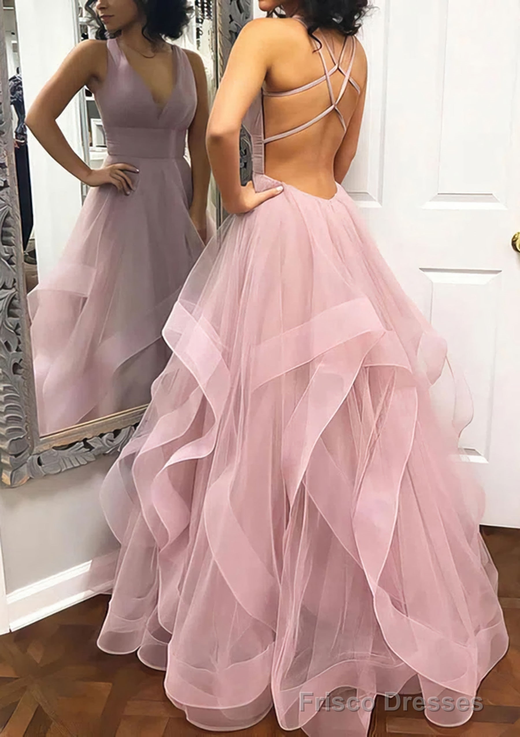 A-line Princess V Neck Sleeveless Tulle Long/Floor-Length Prom Dresses With Pleated Main image