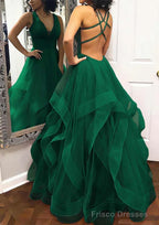 A-line Princess V Neck Sleeveless Tulle Long/Floor-Length Prom Dresses With Pleated