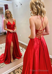 A-line Princess V Neck Sweep Train Charmeuse Prom Dresses With Split