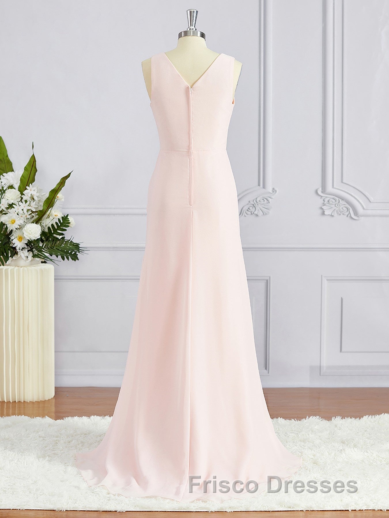A-Line/Princess V-neck Sweep Train Chiffon Bridesmaid Dress