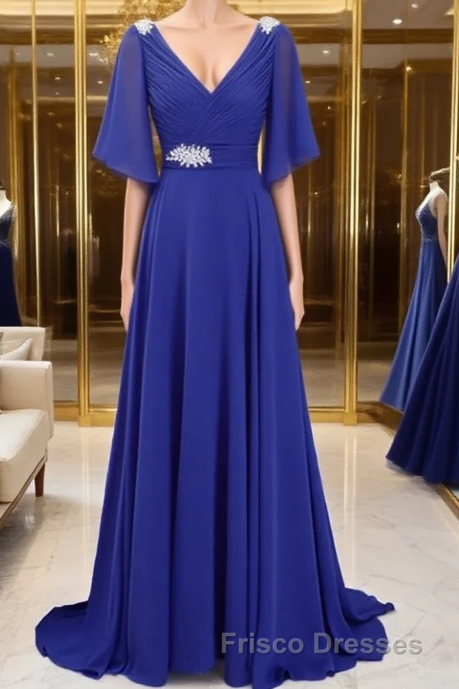 A-Line/Princess V-neck Sweep Train Chiffon Mother of the Bride Dress With Beading Main image