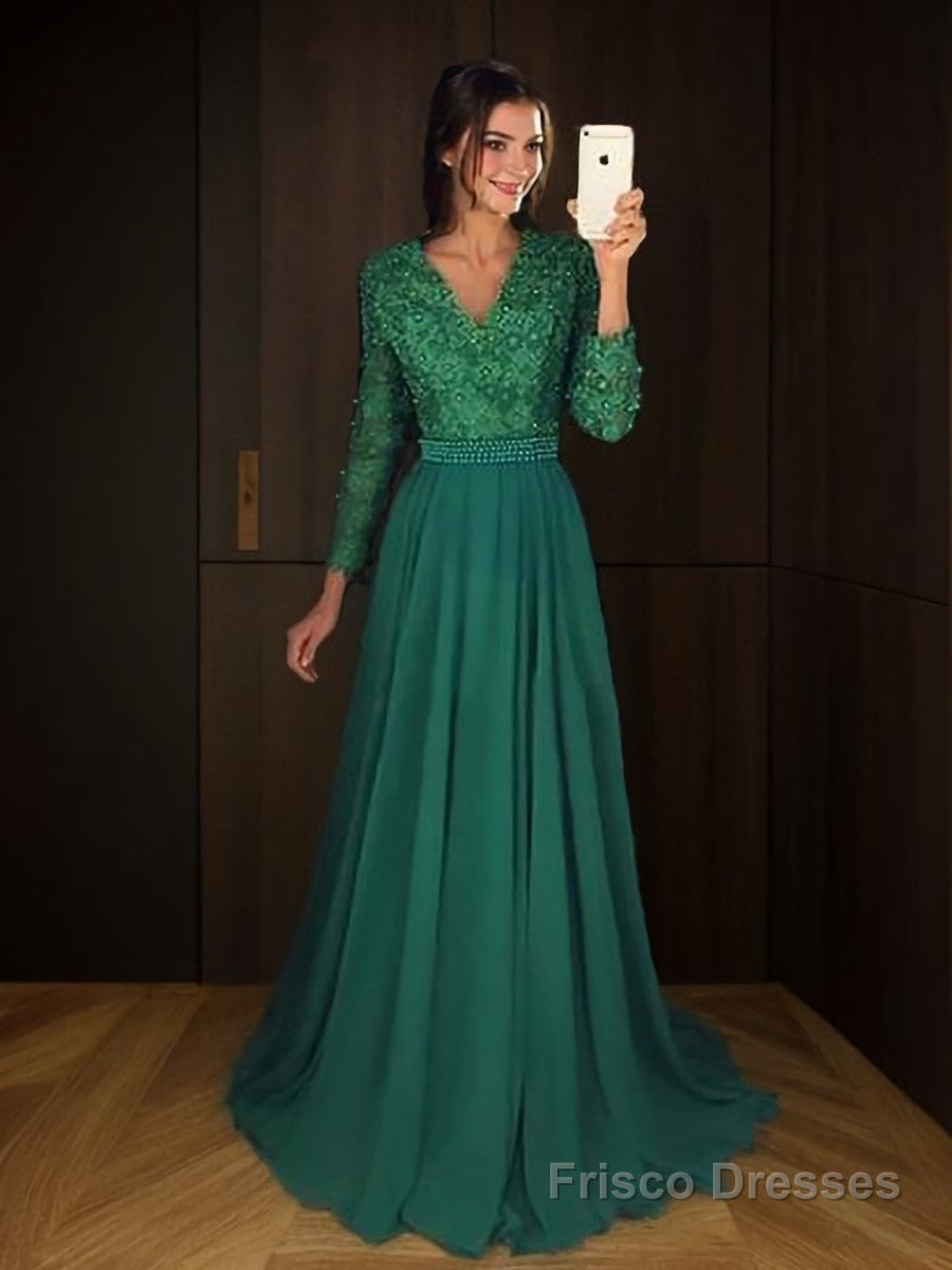 A-Line/Princess V-neck Sweep Train Chiffon Prom Dresses With Beading Main image