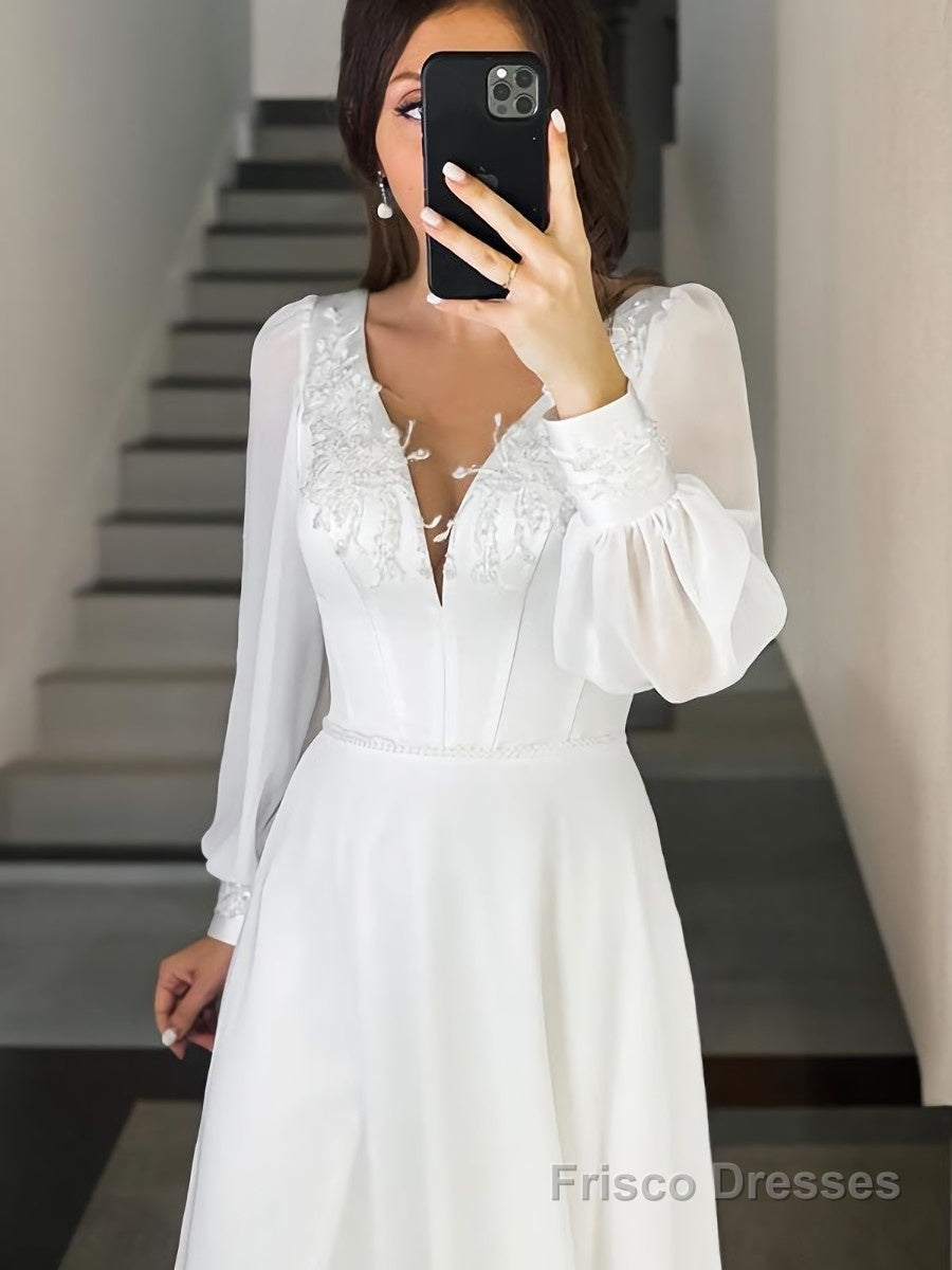 A-Line/Princess V-neck Sweep Train Chiffon Wedding Dresses Secondary image