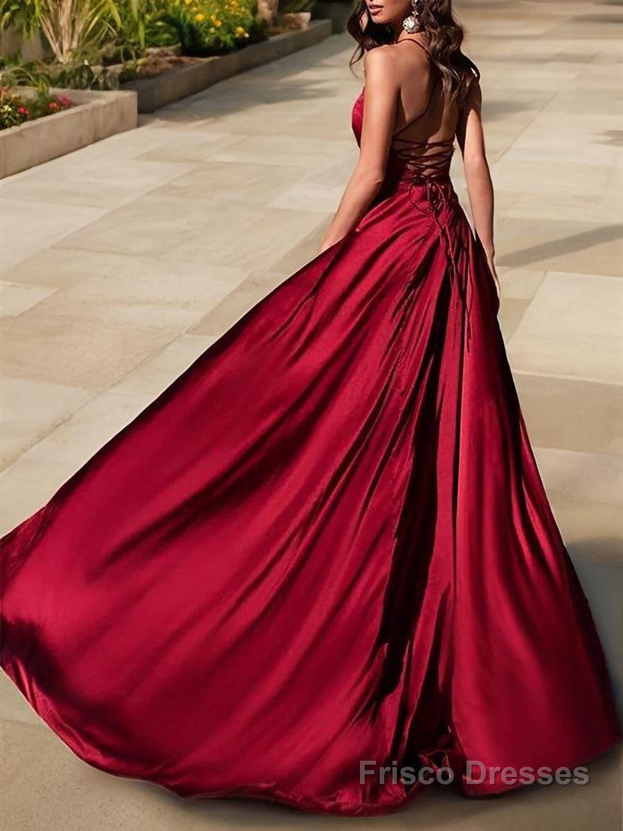 A-Line/Princess V-neck Sweep Train Elastic Woven Satin Evening Dresses With Leg Slit Secondary image