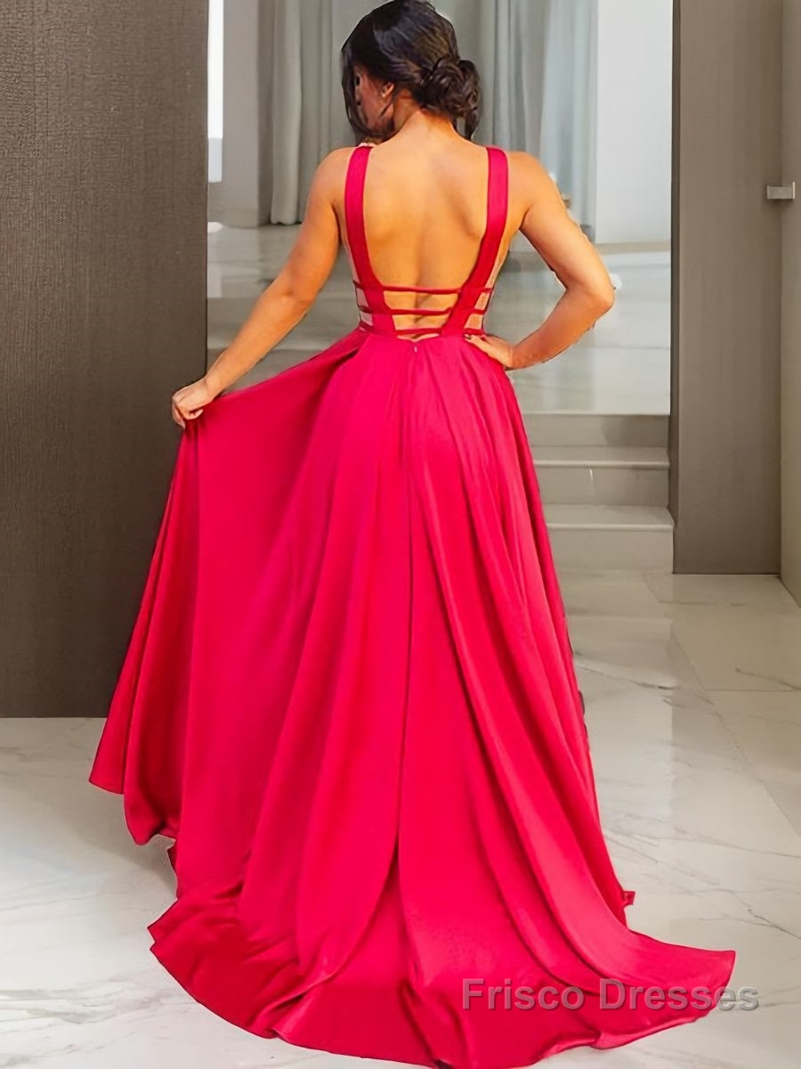 A-Line/Princess V-neck Sweep Train Elastic Woven Satin Evening Dresses With Ruffles Secondary image