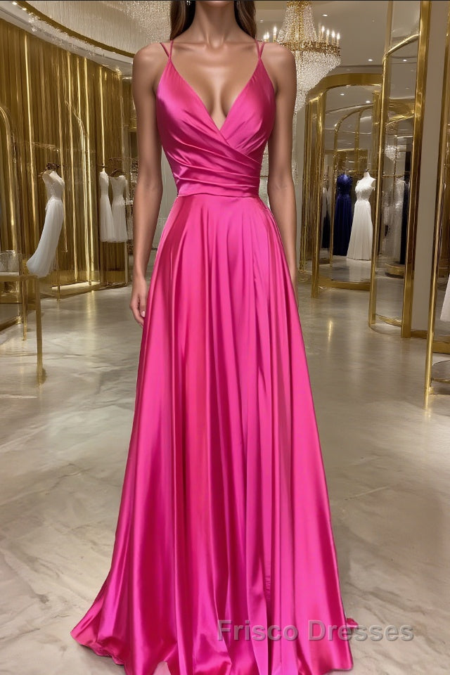A-Line/Princess V-neck Sweep Train Elastic Woven Satin Formal Prom Dress Main image
