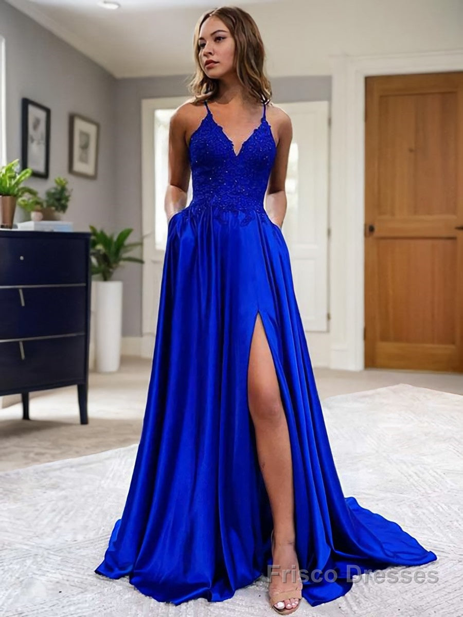 A-Line/Princess V-neck Sweep Train Elastic Woven Satin Prom Dresses With Pockets Main image