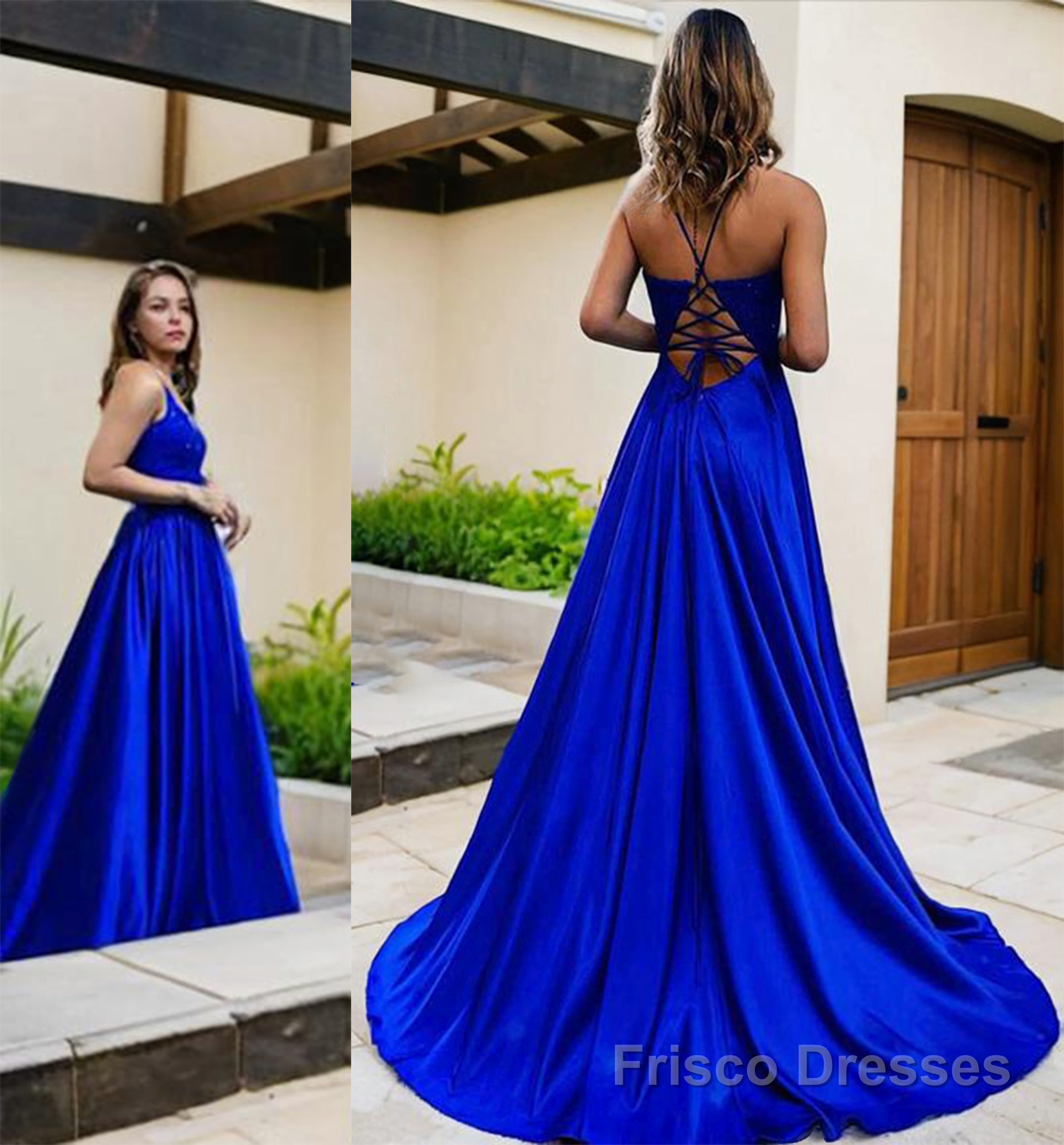 A-Line/Princess V-neck Sweep Train Elastic Woven Satin Prom Dresses With Pockets Secondary image