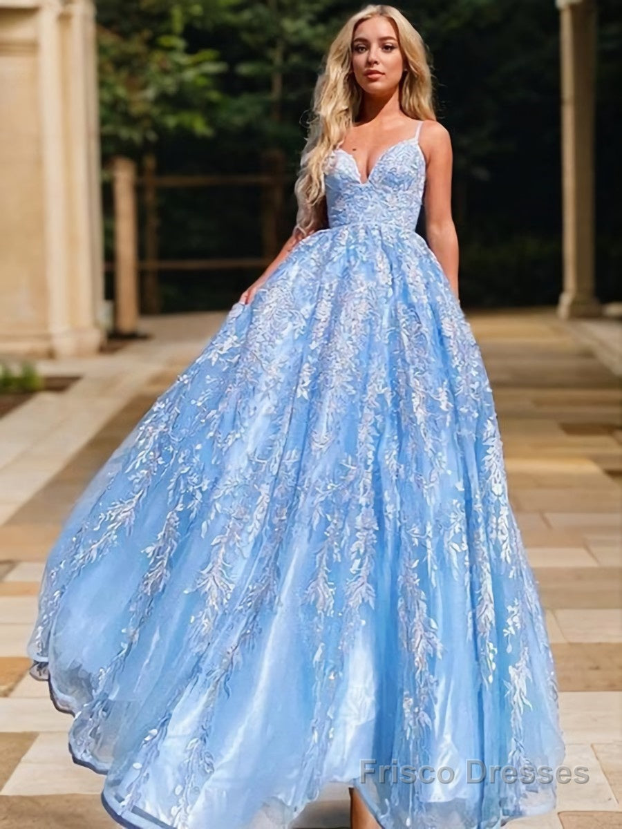 A-Line/Princess V-neck Sweep Train Lace Prom Dresses With Appliques Lace Main image