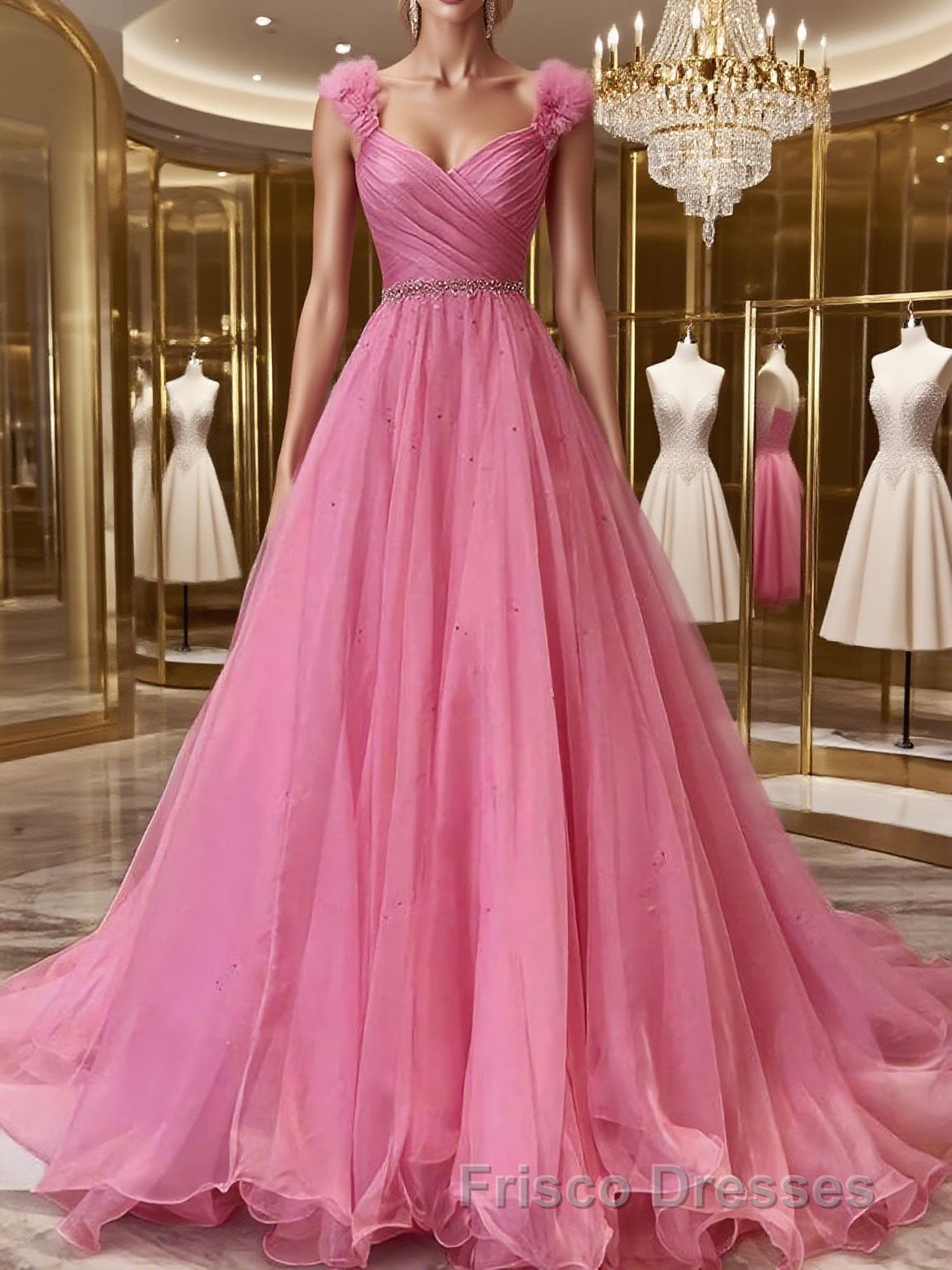 A-Line/Princess V-neck Sweep Train Organza Formal Prom Dress With Ruffles