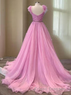 A-Line/Princess V-neck Sweep Train Organza Formal Prom Dress With Ruffles