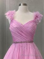 A-Line/Princess V-neck Sweep Train Organza Formal Prom Dress With Ruffles