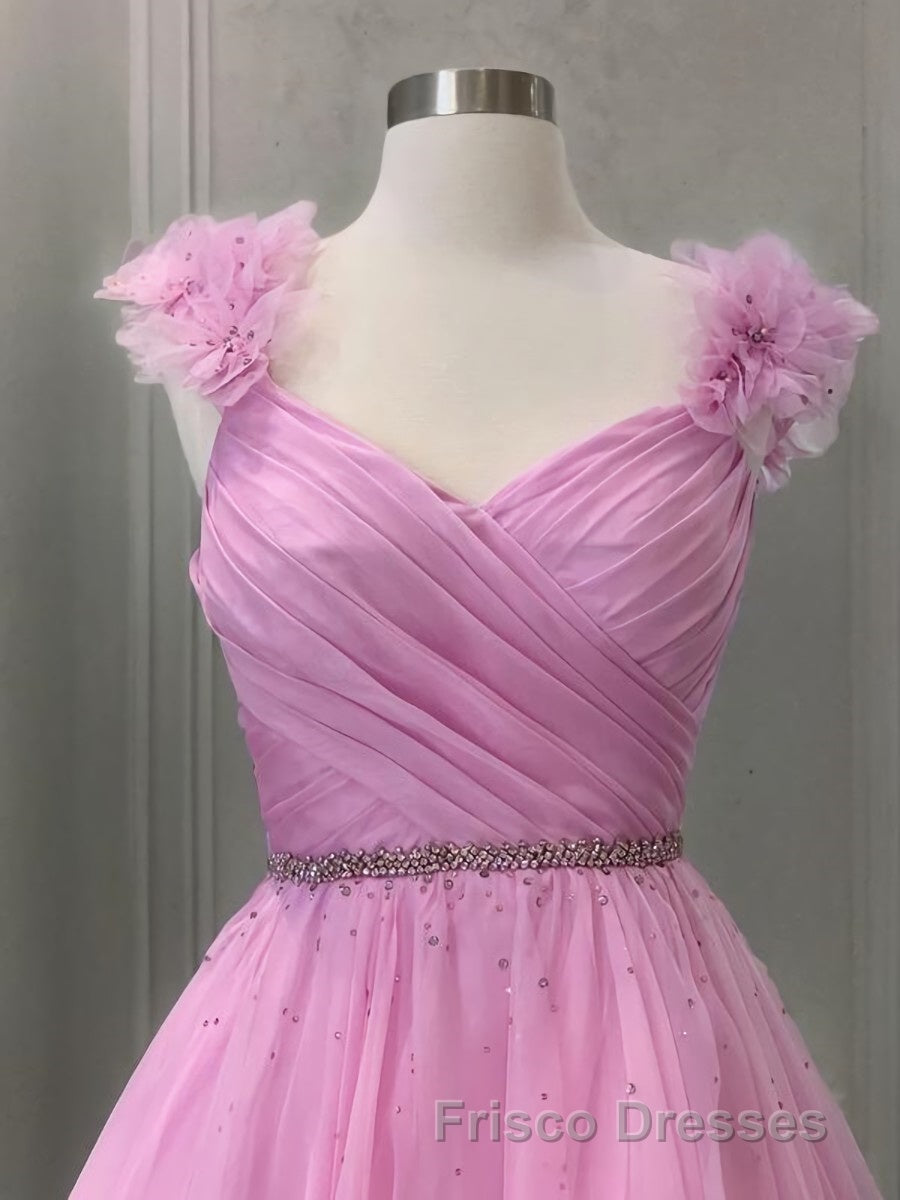 A-Line/Princess V-neck Sweep Train Organza Formal Prom Dress With Ruffles
