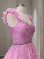 A-Line/Princess V-neck Sweep Train Organza Formal Prom Dress With Ruffles