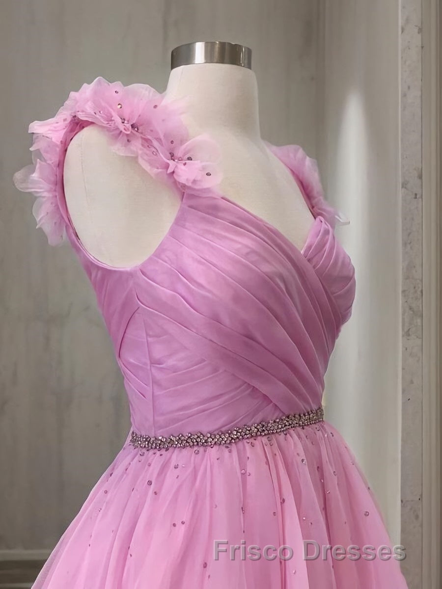 A-Line/Princess V-neck Sweep Train Organza Formal Prom Dress With Ruffles