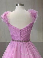 A-Line/Princess V-neck Sweep Train Organza Formal Prom Dress With Ruffles