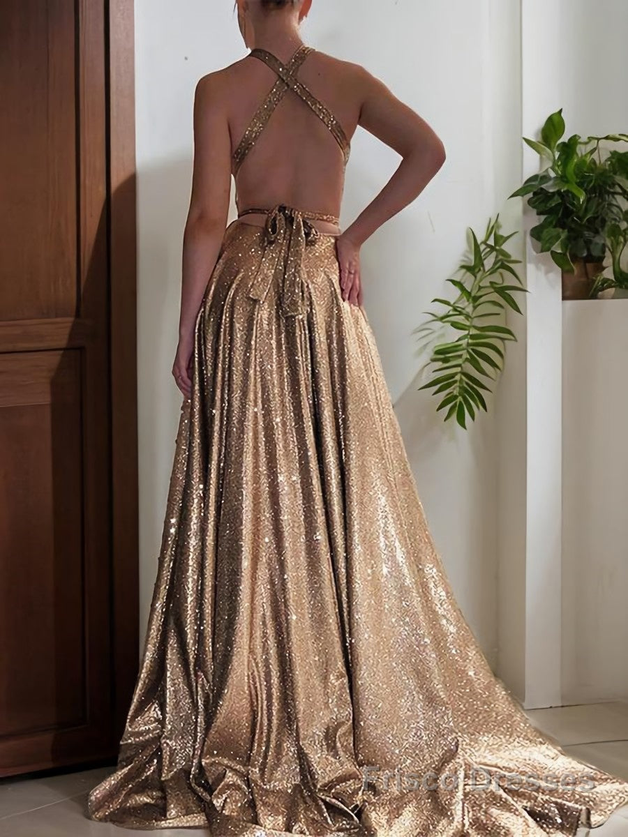 A-Line/Princess V-neck Sweep Train Prom Dresses With Leg Slit