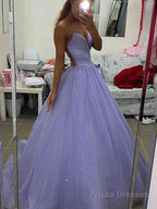 A-Line/Princess V-neck Sweep Train Prom Dresses With Pockets