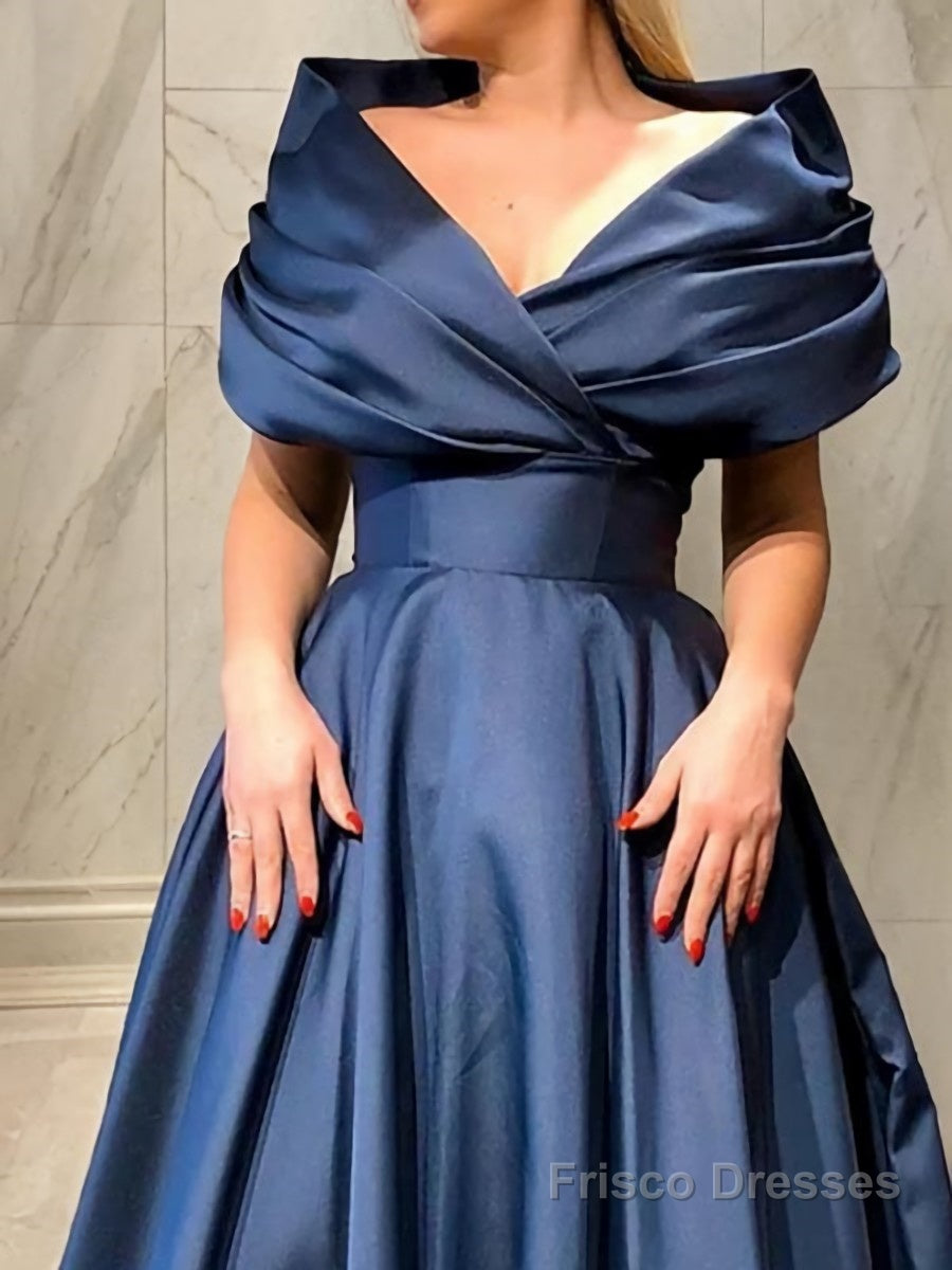 A-Line/Princess V-neck Sweep Train Satin Prom Dresses With Ruffles Secondary image