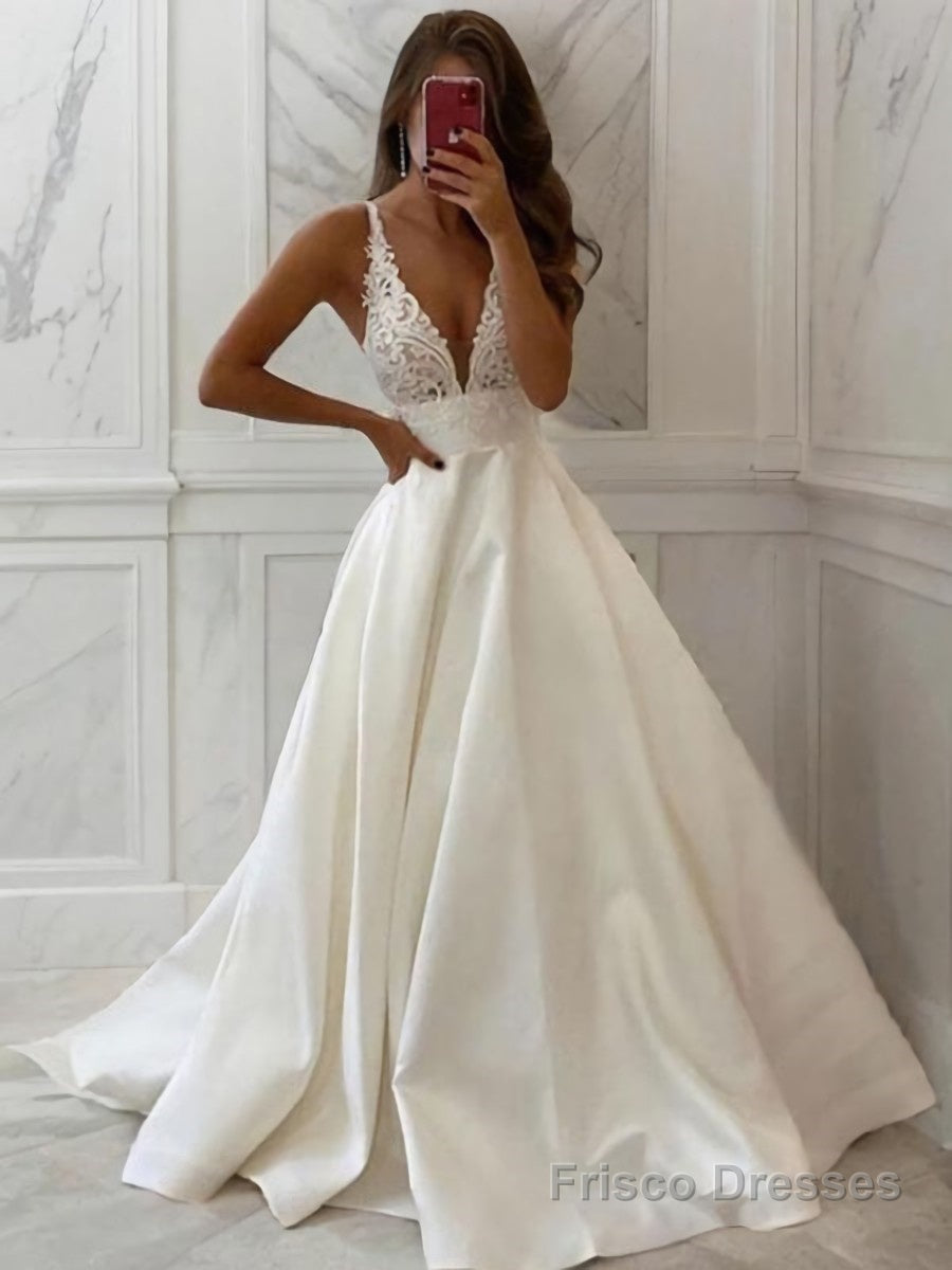 A-Line/Princess V-neck Sweep Train Satin Wedding Dresses Main image