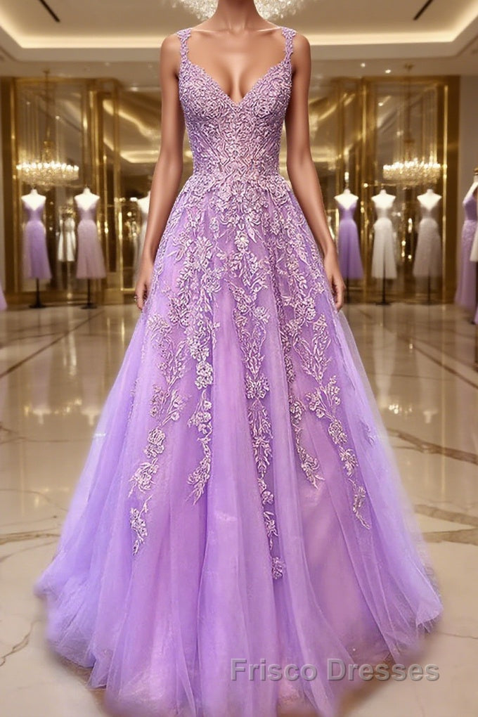 A-Line/Princess V-neck Sweep Train Tulle Formal Prom Dress With Appliques Lace Main image