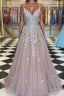A-Line/Princess V-neck Sweep Train Tulle Formal Prom Dress With Appliques Lace