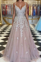 A-Line/Princess V-neck Sweep Train Tulle Formal Prom Dress With Appliques Lace
