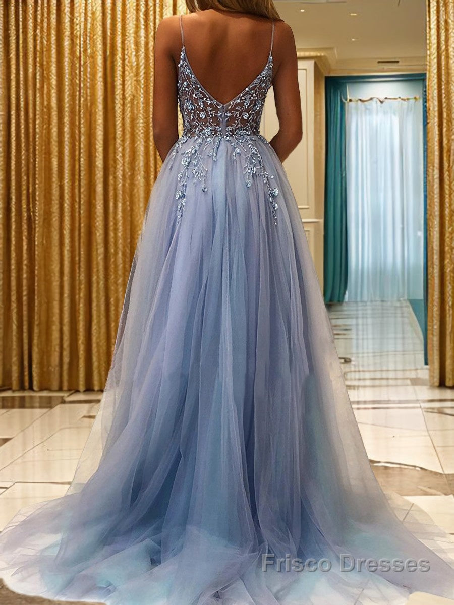 A-Line/Princess V-neck Sweep Train Tulle Prom Dresses With Leg Slit Secondary image