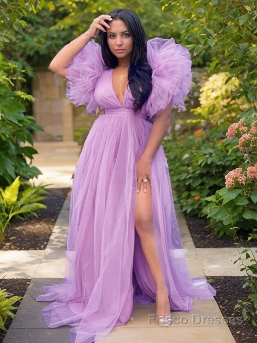 A-Line/Princess V-neck Sweep Train Tulle Prom Dresses With Leg Slit Main image