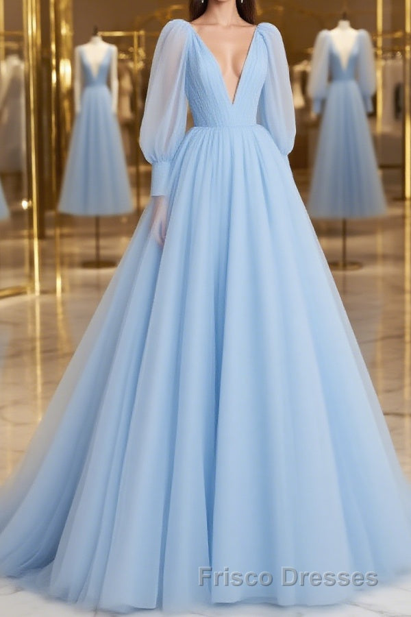 A-Line/Princess V-neck Sweep Train Tulle Formal Prom Dress With Ruffles Main image
