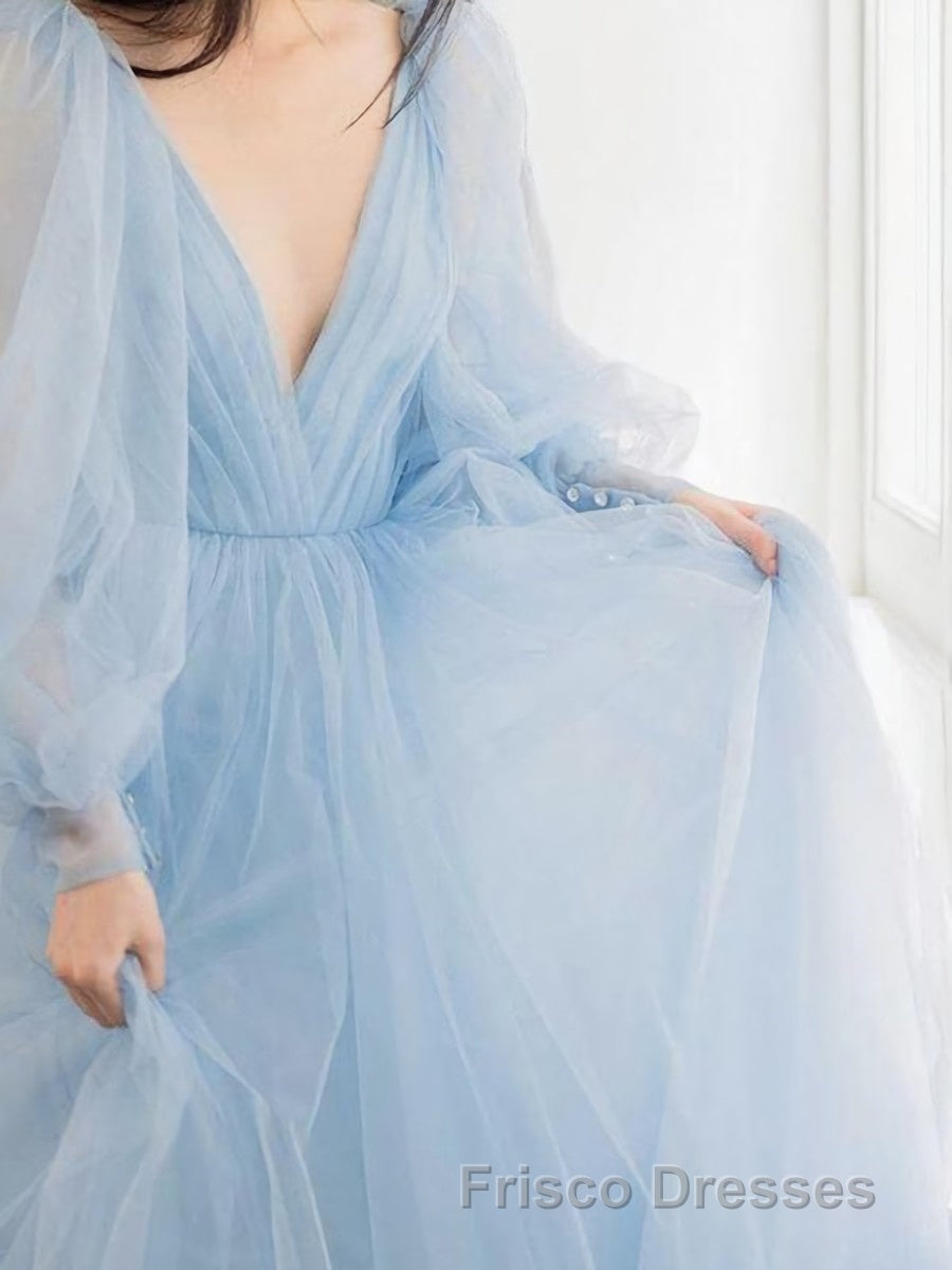 A-Line/Princess V-neck Sweep Train Tulle Formal Prom Dress With Ruffles Secondary image