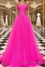 A-Line/Princess V-neck Sweep Train Tulle Formal Prom Dress With Ruffles